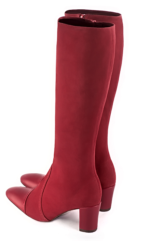 Custom-made women's cardinal red and burgundy red elegant classic knee-high boots. Round toe. Medium block heels - Rear view